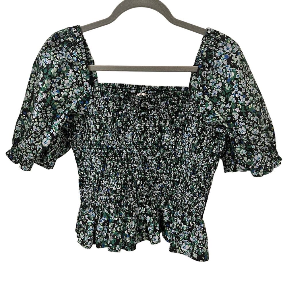 J. Crew Floral Blue Green Smocked Short Sleeve Top, size M